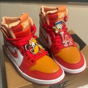 Nike Red and Orange Cartoon High-Tops with Old School Disney Pins